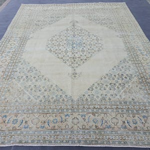 Handmade Floral Pattern Rug, 9.88x12.34 feet Handknotted Wool Rug, Oversized Oushak Rug, Neutral Oushak Rug, Large Vintage Wool Rug
