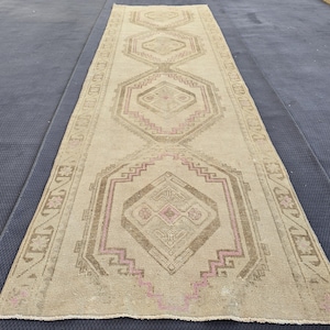Large tapis de passage en laine oushak vintage, 3,81 x 12,07 pieds neutre, tapis de passage marron, tapis de passage oushak délavé, tapis de passage turc fait main