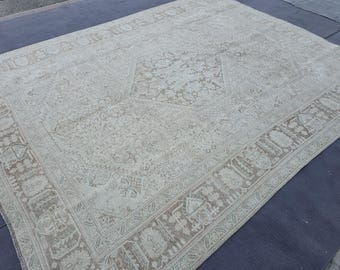 Grand tapis Oushak vintage des années 1960, 286 x 370 cm, tapis en laine noué à la main, grand tapis turc, tapis vintage aux tons neutres