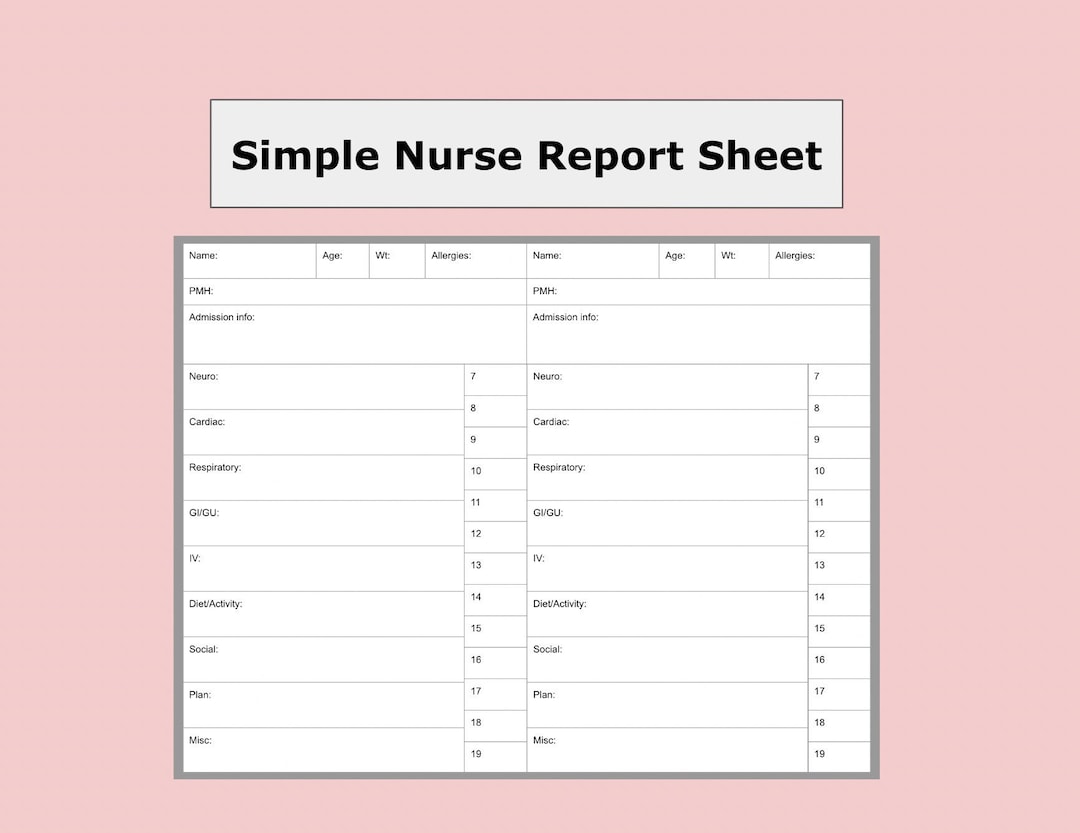 Printable Nursing Report Sheet, Nurse Report Sheet Template, PDF
