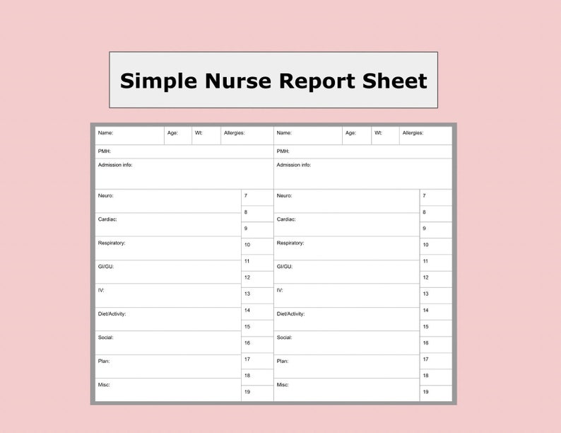 Printable Nursing Report Sheet, Nurse Report Sheet Template, PDF Printable Nursing Report Sheet, Nurse Report Sheet Template, PDF