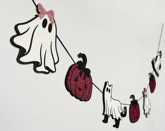 Glitter Ghost Halloween Garland, Pink Pumpkin, Cat Banner
