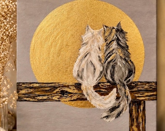 Two Cats Under a Golden Moon - Textured Cat Wall Art - Gold Leaf Painting - Cat Lover Gift