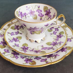 May include: A white teacup and saucer set with a delicate floral pattern of purple violets and green leaves. The set has a gold trim around the edges.