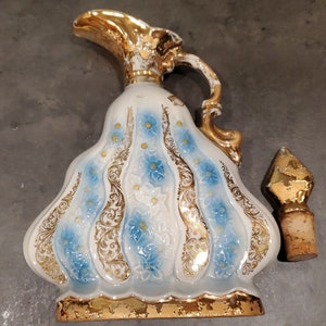 Vintage Decanter with Weeping Gold Finial Stopper 1970 &quot;Gold & Blue Floral&quot; Jim Beam 155 Months Whiskey Decanter