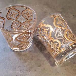 Vintage Midcentury Barware Gold Lowball Flat Tumbler Glasses / Set of 2
