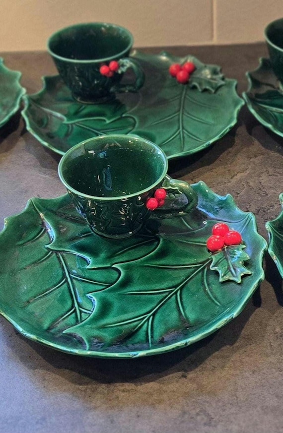 1960s Lefton Green Holly Berry Christmas Snack Plate & Coffee Cup