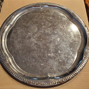 Vtg Round Metal Etched Serving Tray