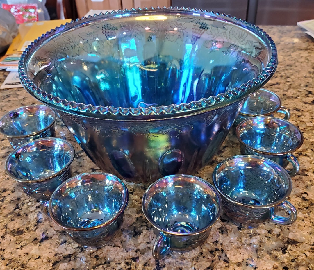 Vtg Indiana Glass Princess Blue Punchbowl Set With 11 Cups & Blue