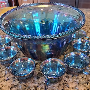 Vtg Indiana Glass Princess Blue Punchbowl Set with 11 Cups & Blue Ladle