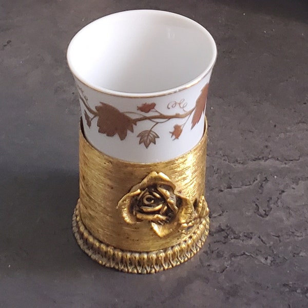 Bathroom Cup Stylebuilt 12280 Hollywood Regency Porcelain Vanity Cup and Gold Rose Cup Holder Vintage 60s