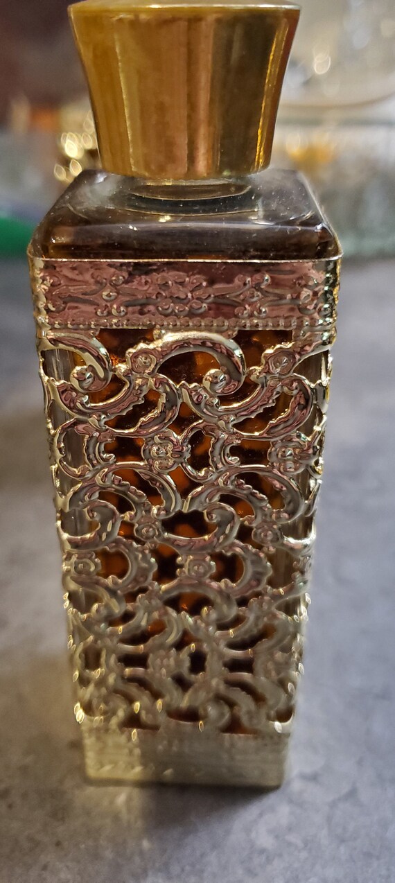 Vtg Gold 50s Perfume Bottle Vintage Ornate Gold Filigree 2 fl oz BQT L'Argene Tiffany (98% full)