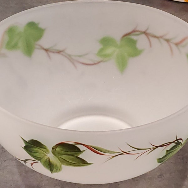 MC 1950s Hazel Atlas Gay Fad Ivy Handpainted Satin Frosted Glass Fruit / Salad 10" Serving Bowl