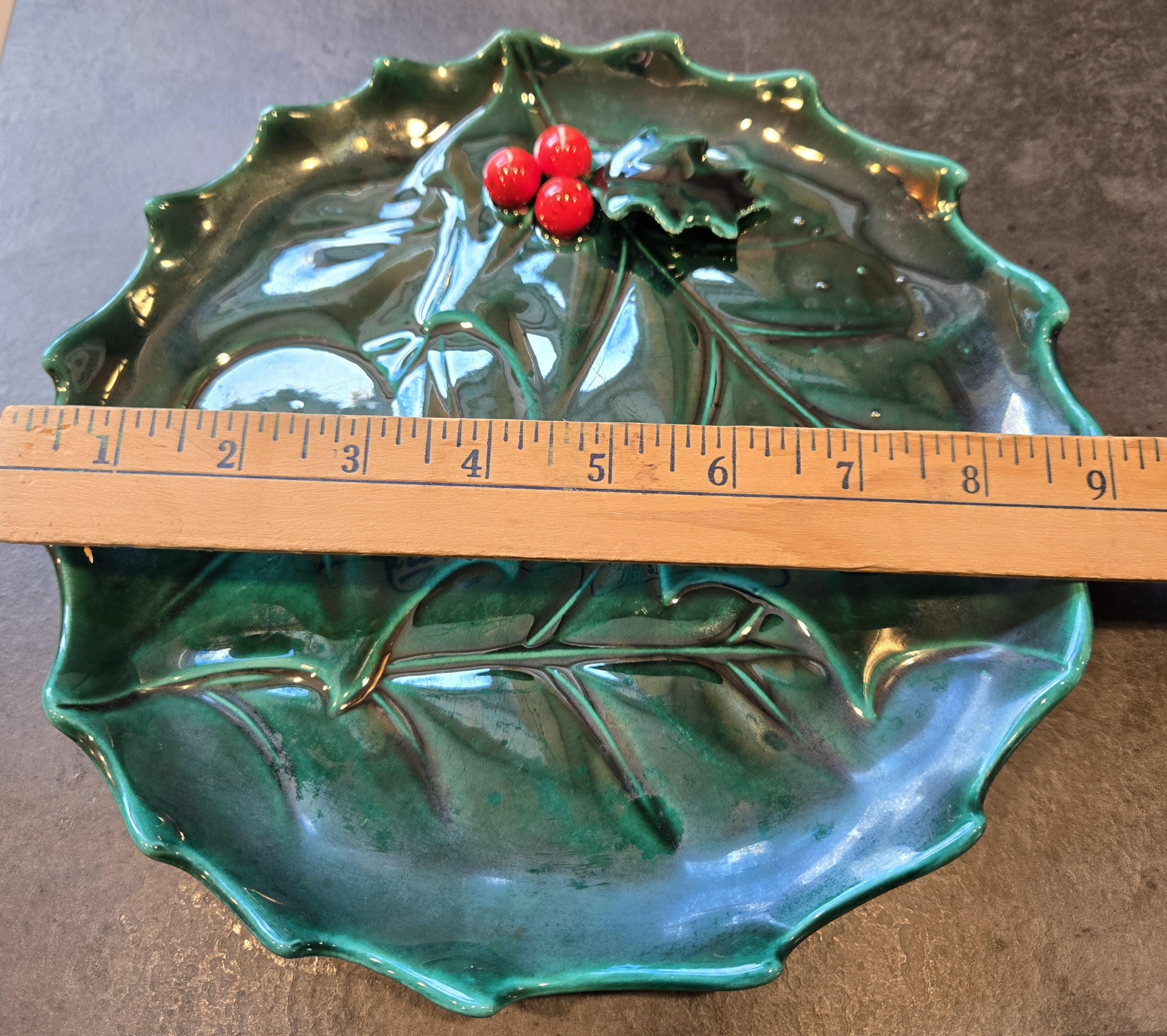 1960s Lefton Green Holly Berry Christmas Snack Plate