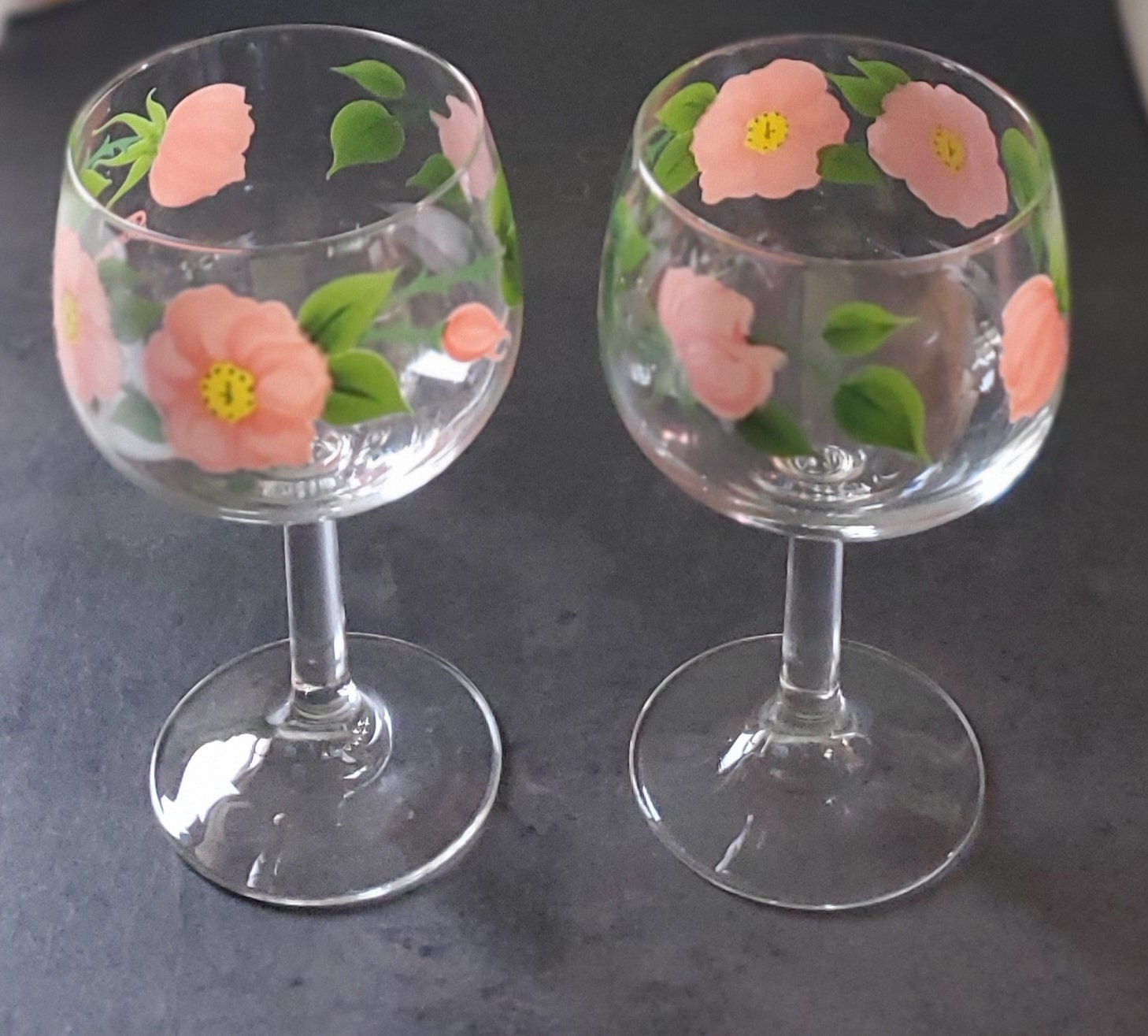 Pink Green Floral Franciscan Desert Rose Stemmed Wine Glasses