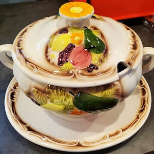Vtg Decorative MC Ceramic Soup Tureen with Platter