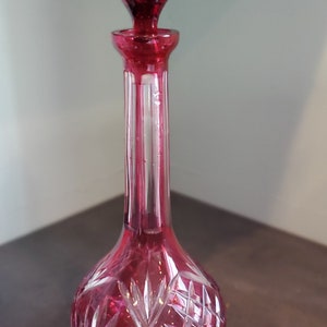 Vintage Crystal Red Cut to Clear MC Cranberry Liquor Wine Decanter with Finial Stopper 15&quot;
