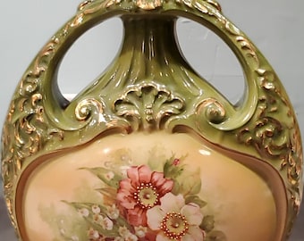 Vtg Green & Gold Vase Lamp Base with Floral Handpainted Design