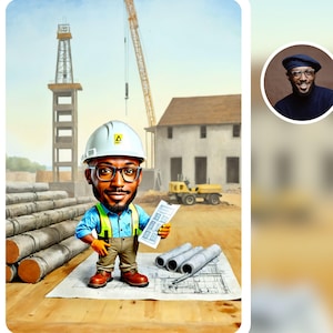 Construction Worker Caricature, Personalized caricature Portrait from Photo, Gift for Builder or Operator, Custom Construction Cartoon