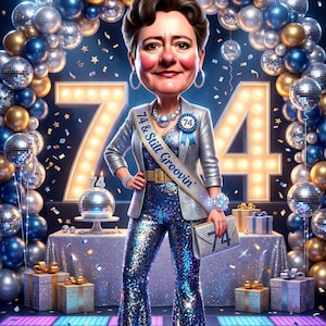 Puede incluir: Ilustración digital de una mujer con un atuendo de lentejuelas, celebrando un hito. La imagen presenta un gran letrero iluminado con el número "74", bolas de discoteca y el texto "74 & Still Groovin'". La mujer lleva una tiara y un bolso de mano.