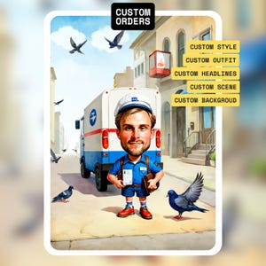 Cadeau facteur, cadeau facteur à la retraite, cadeau caricature facteur, cadeau de remerciement facteur, caricature facteur, dessin animé facteur personnalisé