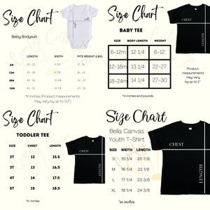 May include: Size chart for baby bodysuits, toddler tees, and youth t-shirts. The chart includes measurements for length, width, chest, and weight in inches and pounds.