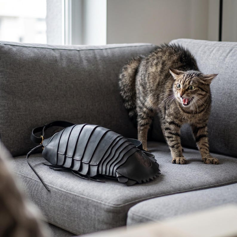 May include: A black leather bag shaped like a pill bug with segmented, overlapping plates and a smooth, curved exterior. The bag features a thin black strap and a rounded, tapered form that mimics the appearance of a crustacean or insect.