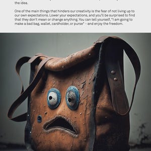May include: A brown leather satchel with a distressed look. The bag has two large blue eyes and a stitched mouth, giving it a cartoonish face. The bag is worn and has a vintage feel.
