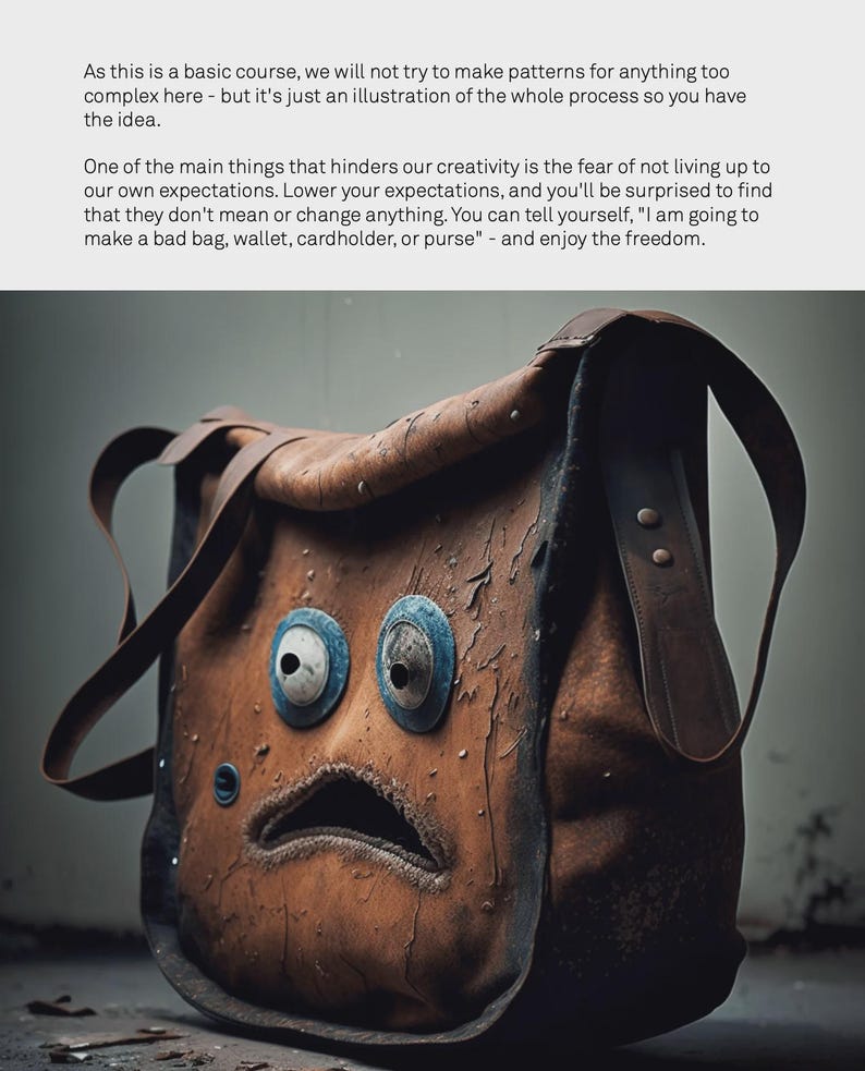 May include: A brown leather satchel with a distressed look. The bag has two large blue eyes and a stitched mouth, giving it a cartoonish face. The bag is worn and has a vintage feel.