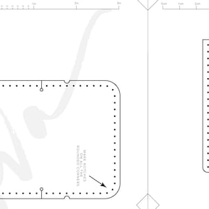May include: A digital sewing pattern template for leather crafting featuring two distinct pieces with pre-marked stitching holes. The left piece is labelled BACK WITH TOP AND BOTTOM 4-5 OZ and includes instructions to make notches on all the rounded corners.