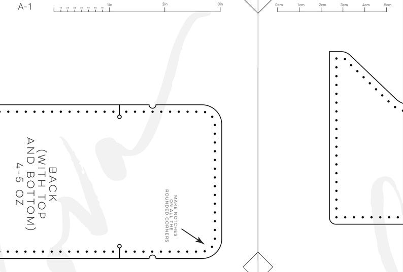 May include: A digital sewing pattern template for leather crafting featuring two distinct pieces with pre-marked stitching holes. The left piece is labelled BACK WITH TOP AND BOTTOM 4-5 OZ and includes instructions to make notches on all the rounded corners.