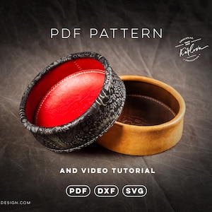 Può includere: Due contenitori rotondi in pelle, uno con esterno nero con motivo floreale bianco e interno rosso brillante, l'altro con esterno beige semplice e interno marrone scuro. Il testo recita PDF PATTERN AND VIDEO TUTORIAL PDF DXF SVG.
