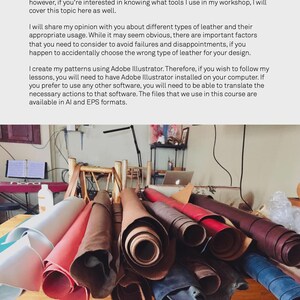 May include: A variety of rolled leather hides in different colors and textures, including brown, red, tan, and black. The leather is arranged on a wooden table in a workshop setting.