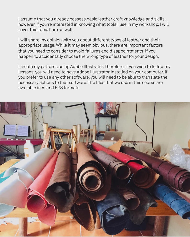May include: A variety of rolled leather hides in different colors and textures, including brown, red, tan, and black. The leather is arranged on a wooden table in a workshop setting.