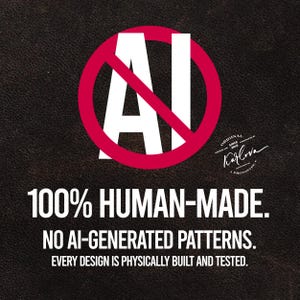 May include: A black textured background featuring a large white AI text with a red prohibition circle overlay. Text reads: 100% HUMAN-MADE. NO AI-GENERATED PATTERNS. EVERY DESIGN IS PHYSICALLY BUILT AND TESTED. Includes a small circular Karlova logo.