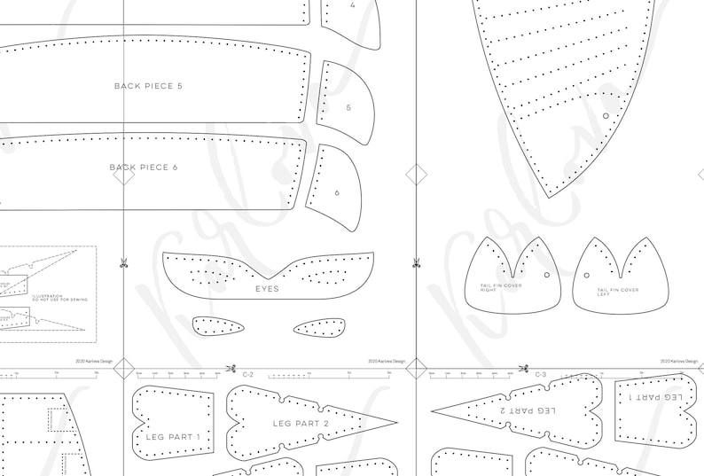 May include: A digital sewing pattern template printed on white paper, featuring black outlines of various shapes labeled as back pieces, eyes, tail fin covers, and leg parts, with dotted stitch lines and small scissor icons for cutting guidance.