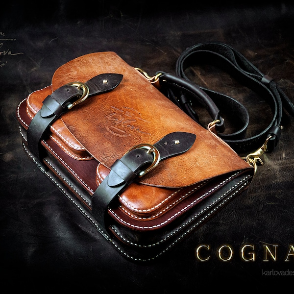 Patrón de maletín de cuero Cognac M, plantilla de mensajero cruzado de cuero vintage, descarga de PDF