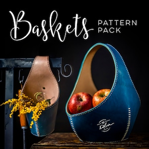 May include: Two teal leather baskets with stitched detailing. One basket is hanging and the other is on a wooden surface with red apples inside. The text "Baskets PATTERN PACK" is at the top of the image.