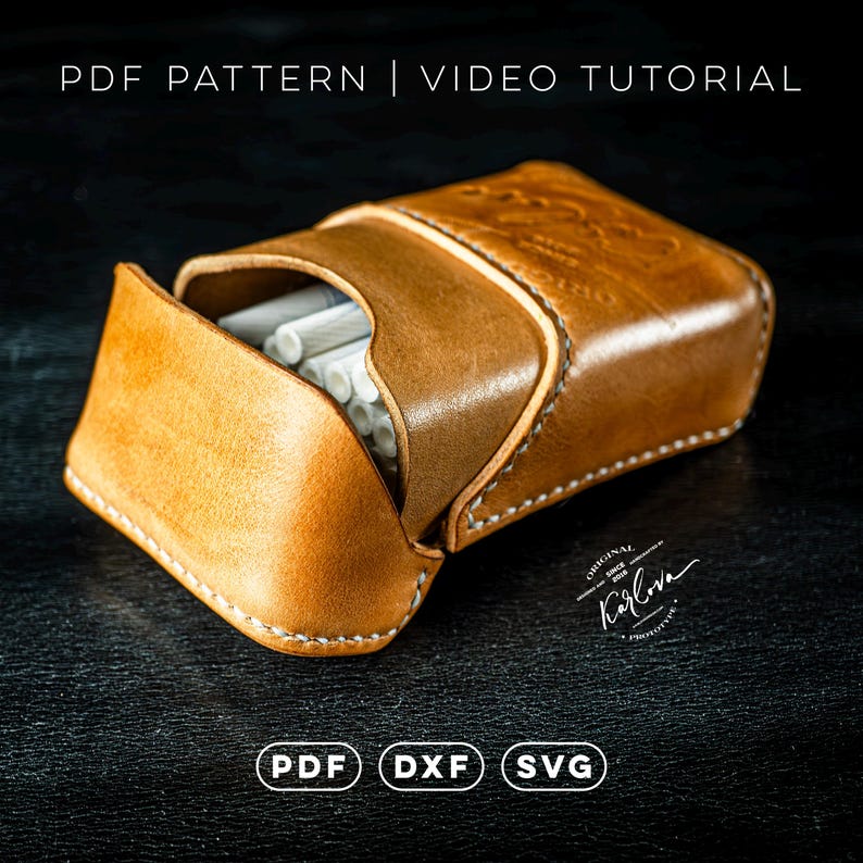 May include: A tan leather cigarette case with white stitching, featuring an open flap revealing white cigarettes inside. The text PDF PATTERN | VIDEO TUTORIAL is at the top, and PDF DXF SVG is at the bottom. A logo reads ORIGINAL KARLOVA.