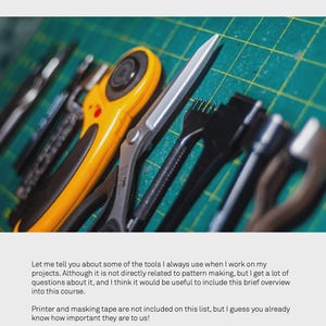 May include: A collection of essential tools for crafting projects, including a rotary cutter, scissors, and a variety of tools for sewing and fabric manipulation. The tools are laid out on a green cutting mat.