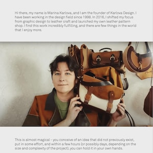 May include: A woman holding a stack of leather bags in front of a white wall. The bags are various shades of brown and have different styles, including a satchel, a tote, and a crossbody bag.