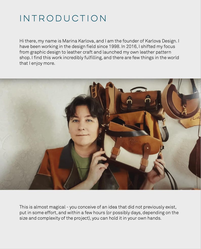 May include: A woman holding a stack of leather bags in front of a white wall. The bags are various shades of brown and have different styles, including a satchel, a tote, and a crossbody bag.