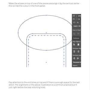 May include: A diagram showing how to align an ellipse with a rectangular shape. The ellipse is on top of the rectangle and aligned by the vertical center. The diagram shows a series of small black dots along the edges of the shapes, indicating stitching points.