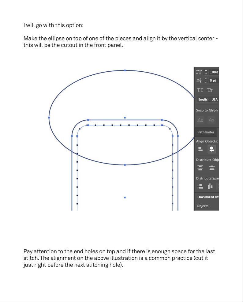 May include: A diagram showing how to align an ellipse with a rectangular shape. The ellipse is on top of the rectangle and aligned by the vertical center. The diagram shows a series of small black dots along the edges of the shapes, indicating stitching points.