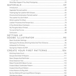 May include: Table of contents for a book about leather crafting. The book covers topics like choosing leather, stitching holes, and creating basic patterns.
