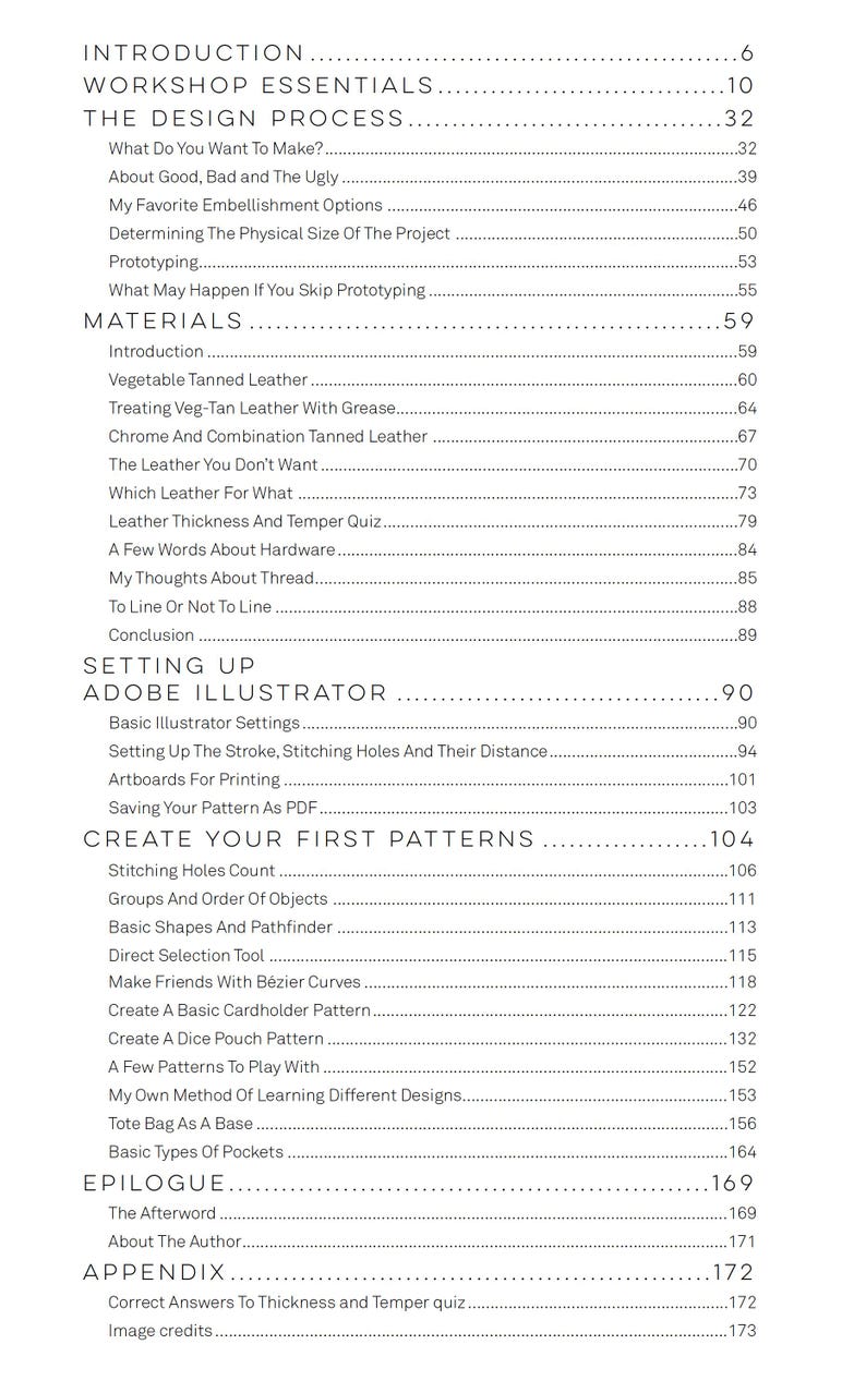 May include: Table of contents for a book about leather crafting. The book covers topics like choosing leather, stitching holes, and creating basic patterns.