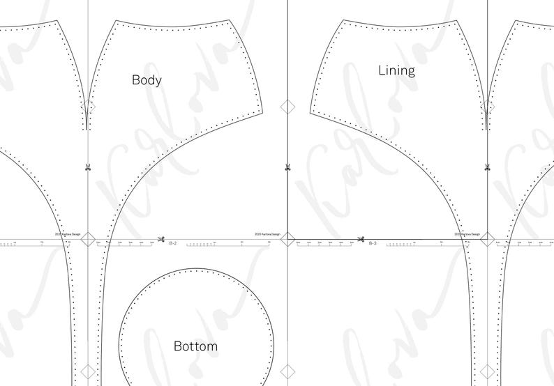 May include: A digital sewing pattern layout on a white background featuring black outlines for garment pieces labeled Body, Lining, and Bottom. The pattern includes dotted stitch lines, scissor icons for cutting, and integrated rulers with inch markings.
