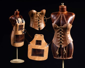 Lot de patrons en cuir 3 en 1 - Mini mannequin de 20 cm (20 cm), mini tablier et mini corset. Modèles PDF avec didacticiels vidéo