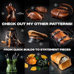 Op de afbeelding: Een collectie lederwaren waaronder een paspop, diverse tassen, een pet, een pennenhouder, bladvormige schalen en een etui, met de tekst CHECK OUT MY OTHER PATTERNS! en FROM QUICK BUILDS TO STATEMENT PIECES op een donkere achtergrond.