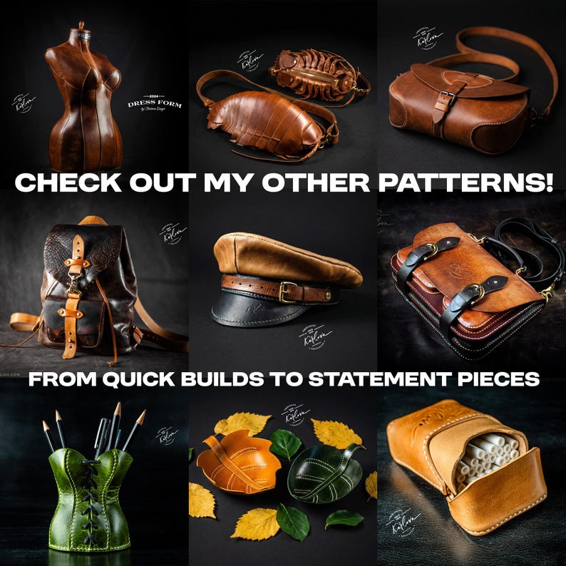 Op de afbeelding: Een collectie lederwaren waaronder een paspop, diverse tassen, een pet, een pennenhouder, bladvormige schalen en een etui, met de tekst CHECK OUT MY OTHER PATTERNS! en FROM QUICK BUILDS TO STATEMENT PIECES op een donkere achtergrond.